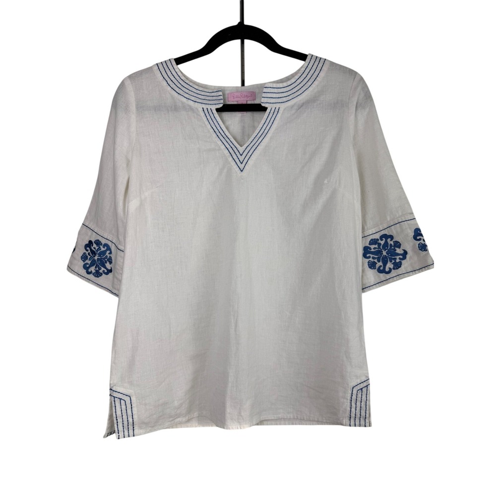 Lilly Pulitzer Linen Tunic‎ Top Blue Embroidered Boho Resort Luxe EUC 0